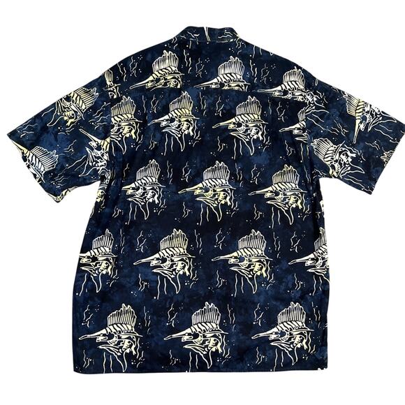 Fishtech Shirt Mens XLT Navy Fish Print Hawaiian Batik Cotton Beach Coastal Dad - Picture 2 of 12